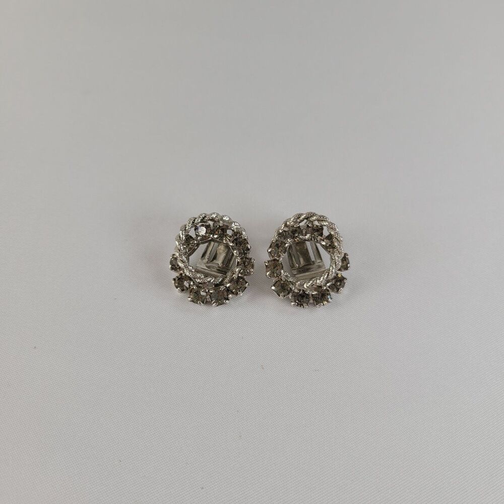 Vintage Clip On Earrings Rhinestone Silver Retro Glam 1950s Sparkly Twist Round